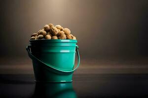 un Cubeta lleno con nueces en un mesa. generado por ai foto