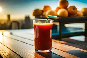 un vaso de naranja jugo en un de madera mesa. generado por ai foto