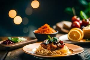 spaghetti with meat sauce and vegetables on a wooden table. AI-Generated photo