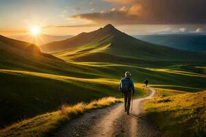 a man and woman walk on a dirt road in the mountains. AI-Generated photo