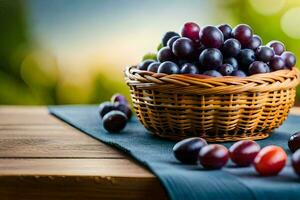 grapes in a basket on a table. AI-Generated photo