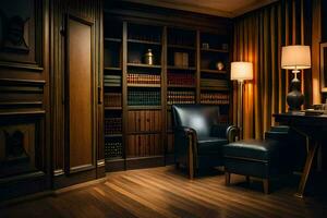 a room with a desk, chair and bookshelf. AI-Generated photo
