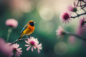 un vistoso pájaro se sienta en un rama con rosado flores generado por ai foto