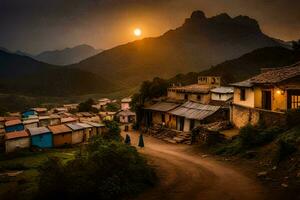 photo wallpaper the sky, mountains, sunset, the village, people, the road, the village. AI-Generated