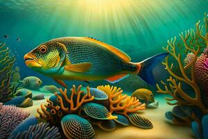 fish in the ocean with coral reefs and sun rays. AI-Generated photo