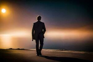 un hombre en un traje es caminando a lo largo el apuntalar a puesta de sol. generado por ai foto