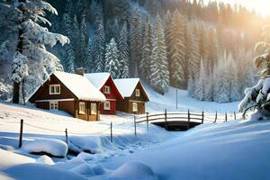 invierno paisaje con nieve cubierto casas y arboles generado por ai foto