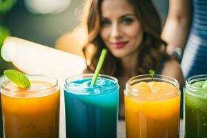 a woman is sitting in front of a table with several different colored smoothies. AI-Generated photo