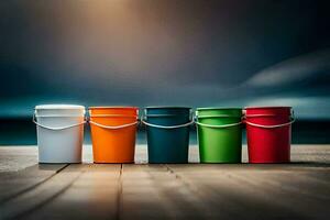 five colorful buckets on a wooden table. AI-Generated photo