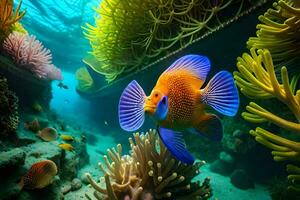 a colorful fish swims in the ocean with anemones. AI-Generated photo