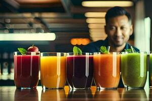 a man is standing in front of a row of different colored juices. AI-Generated photo