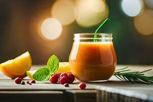 a glass of orange juice with berries and mint. AI-Generated photo