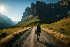 un hombre caminando en un suciedad la carretera en el montañas. generado por ai foto