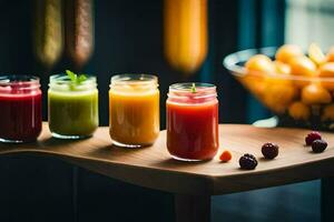 a table with four different juices and fruit. AI-Generated photo