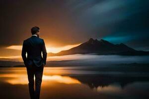 a man in a suit stands in front of a lake at sunset. AI-Generated photo