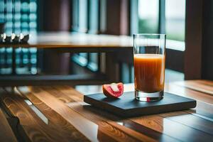 a glass of juice on a table with a slice of apple. AI-Generated photo