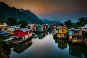 vistoso casas línea el bancos de un río. generado por ai foto