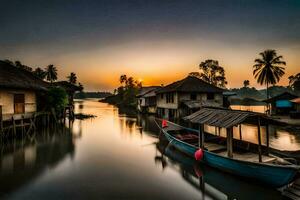 a boat sits on the water at sunset. AI-Generated photo