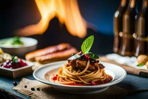 spaghetti with meatballs and sauce on a plate in front of a fire. AI-Generated photo