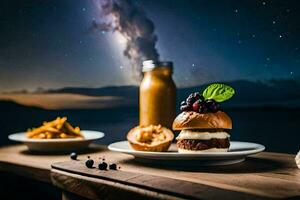 a burger and fries on a table with a view of the night sky. AI-Generated photo