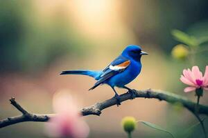 un azul pájaro se sienta en un rama con rosado flores generado por ai foto