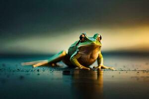 a frog sitting on the ground in front of a sunset. AI-Generated photo