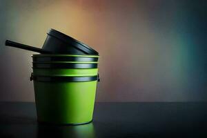 a green bucket with a black lid sitting on a table. AI-Generated photo