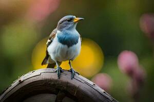 un pequeño pájaro es sentado en un de madera correo. generado por ai foto