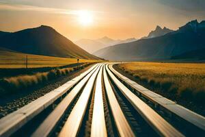 a railroad track in the middle of a field with mountains in the background. AI-Generated photo