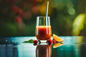 a glass of juice with a straw on a table. AI-Generated photo