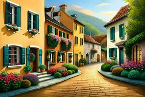 a painting of a street in a village with flowers and plants. AI-Generated photo