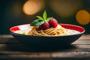 spaghetti with raspberries and basil on a wooden table. AI-Generated photo