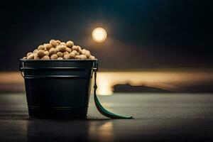 bucket of peanuts on the table. AI-Generated photo