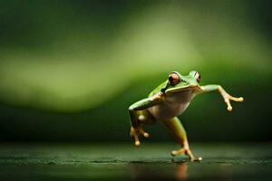 a frog jumping on a wooden floor. AI-Generated photo