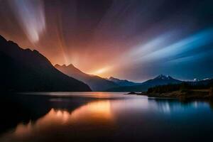 un hermosa puesta de sol terminado un lago y montañas. generado por ai foto