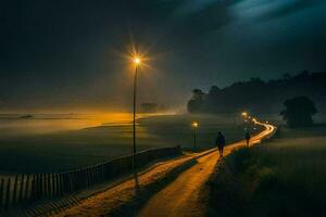 un hombre camina abajo un camino a noche con un calle ligero. generado por ai foto