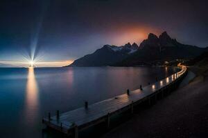 a pier at the end of a long pier in front of mountains. AI-Generated photo