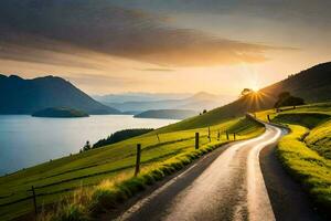 el la carretera a el lago. generado por ai foto