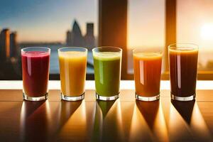 five different juices in glasses on a table. AI-Generated photo