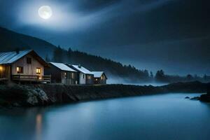 photo wallpaper the moon, water, mountains, house, the moon, the night, the moon. AI-Generated