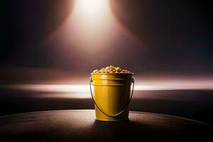 un Cubeta de palomitas de maiz en un mesa en frente de un destacar. generado por ai foto