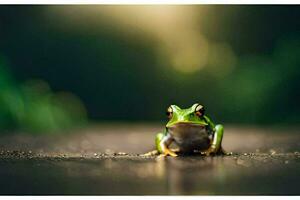 a frog sitting on the ground in front of a blurry background. AI-Generated photo