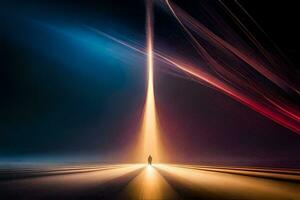 a man standing in front of a light beam. AI-Generated photo