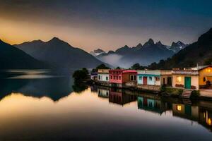 houses on the shore of a lake at sunset. AI-Generated photo