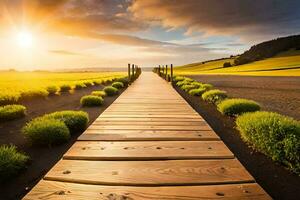 a wooden path leads to a field at sunset. AI-Generated photo