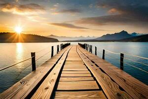 a wooden pier stretching into the water at sunset. AI-Generated photo