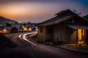 a small hut in the middle of a dirt road at dusk. AI-Generated photo