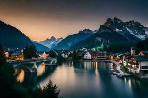 the beautiful town of alpin in the alps at dusk. AI-Generated photo