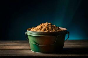 a bucket of brown sugar on a wooden table. AI-Generated photo