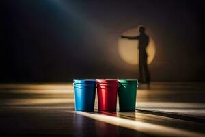 three red cups on a table with a silhouette of a man in the background. AI-Generated photo